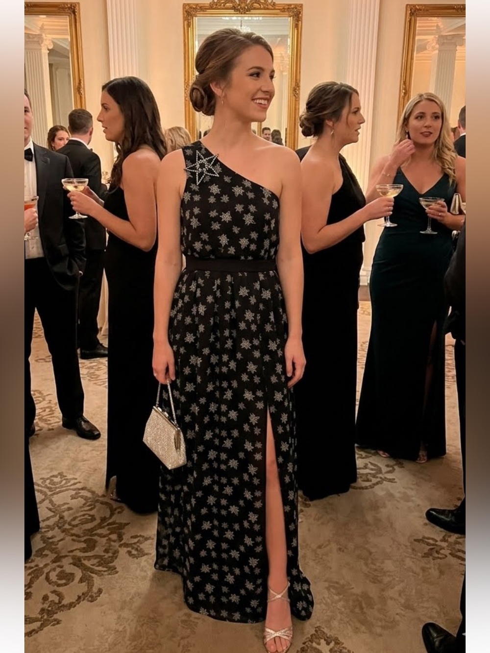 Kate Young One-Shoulder Black Star-Print Maxi Dress Side Slit Size Medium